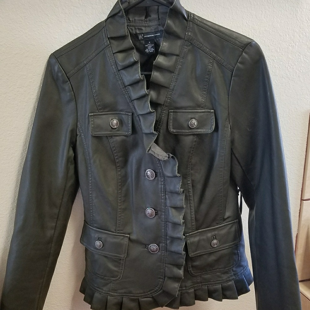 Cute olive green, faux leather jacket.